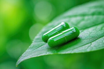 Green herbal capsules on leaf, natural supplement and organic medicine in eco background
