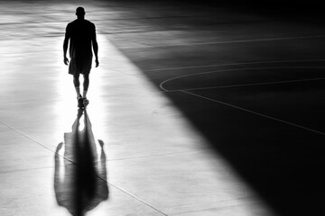 Silhouette of male basketball player walking alone on empty court with dramatic shadow in black and white light contrast
