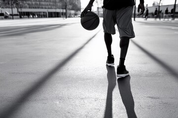 Silhouette of basketball player walking with ball on outdoor court, strong shadows in black and white urban scene