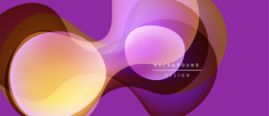 Abstract purple background features overlapping circles, creating dynamic flow. Warm tones blend with cool violet hues. Modern design element.