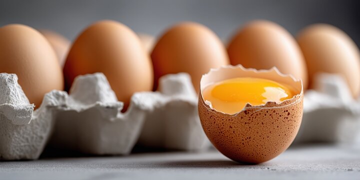 Brown eggs and cracked egg with yolk in carton, close-up banner for food and nutrition visuals