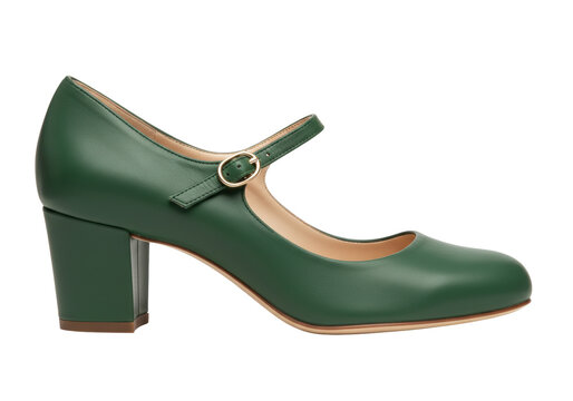 Isolated green leather Mary Jane shoe on display, vintage fashion footwear for women sale - Powered by Adobe