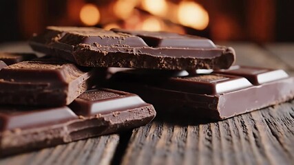 Delicious Dark Chocolate Bars Stacked on a Rustic Wooden Table Featuring a Warm Blurry Fireplace Background for a Cozy Indulgent Scene