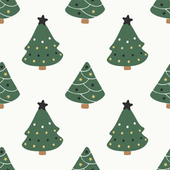 Cute seamless Christmas pattern with small fir and pine trees, star ornaments, and gentle winter colors in a minimal Nordic-inspired flat vector style, perfect for nursery fabrics, children’s wrapping