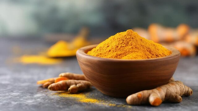 A wooden bowl brimming with vibrant yellow turmeric powder sits beside raw turmeric roots on a dark textured surface