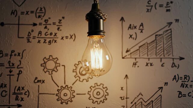 Glowing vintage edison light bulb gently swinging in front of a textured wall covered with handwritten mathematical formulas, business graphs, and scientific diagrams representing innovation - Powered by Adobe