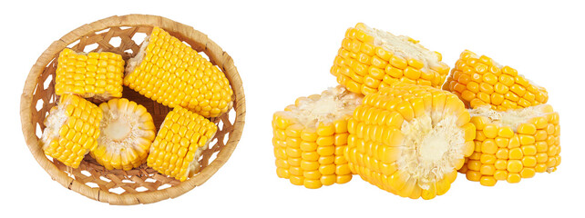 Obraz premium ear of corn in a wicker basket isolated on a white background. Top view. Flat lay