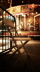 A wooden chair sits in front of an illuminated carousel in a deserted amusement park at night, surrounded by old abandoned rides.