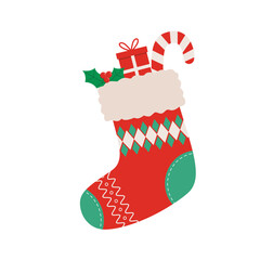 Festive red Christmas stocking with holly leaves, red berries, gift box and a candy cane sticking out from the top.