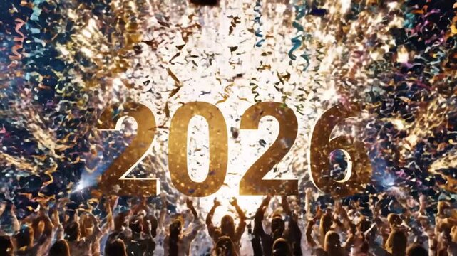 A premium 4K animation designed as a high-quality intro opener for the Year 2026. An explosion of light, confetti burst, or a dramatic countdown clock transition. 