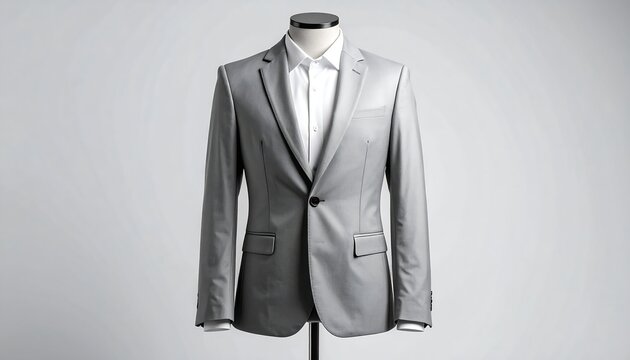 Sleek grey suit jacket and white shirt displayed on a mannequin against a simple, light grey background