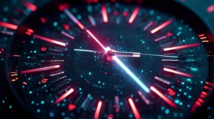 Close-up of Futuristic Clock Face Moving Rapidly in Dark Neon Lighting Representing Urgency Deadline or Technological Time Keeping - Powered by Adobe