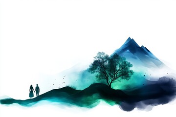 Couple walks hand-in-hand across undulating green hills beneath a luminous tree and a distant mountain.