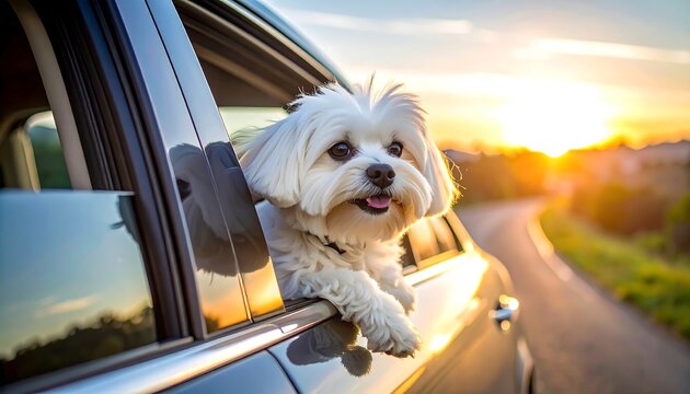 Small white dog with head out the car window, enjoying a sunny ride with setting sun glow behind