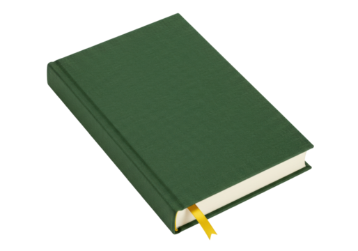 Isolated green hardcover book with yellow ribbon bookmark, notebook or diary closed