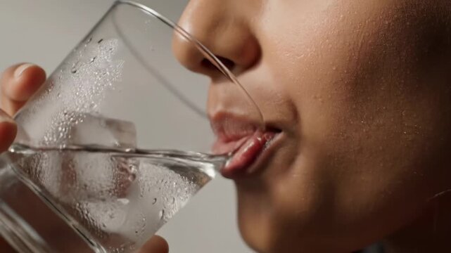Extreme close up of a young woman's lips drinking refreshing cold water with ice cubes from a transparent glass, quenching her thirst and smiling with satisfaction in a studio setting