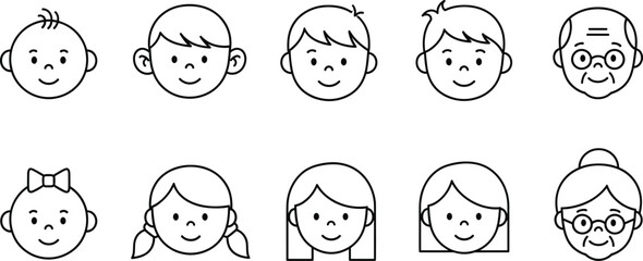 Simple Line Art Human Head Icons Set Depicting Different Ages from Baby to Grandparent Vector Illustration.