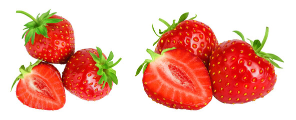 Strawberry half isolated on white background. Fresh berry with depth of field. Top view. Flat lay.