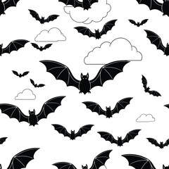 Naklejka premium Seamless Pattern of Black Silhouette Bats Flying at Night with Minimal Cloud Outlines for Halloween and Gothic Design Vector.