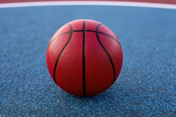 Basketball on the Court: A close-up view of a vibrant orange basketball rests upon a textured blue court.