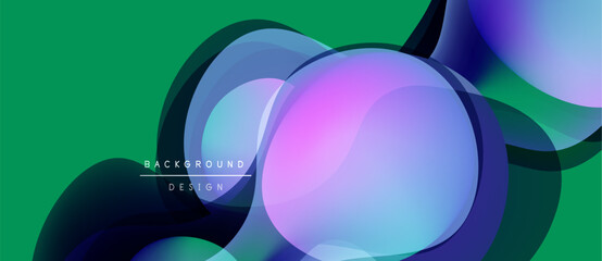 Abstract fluid shapes overlap, creating vibrant color gradients. Green background complements purple, blue hues. Modern design element.