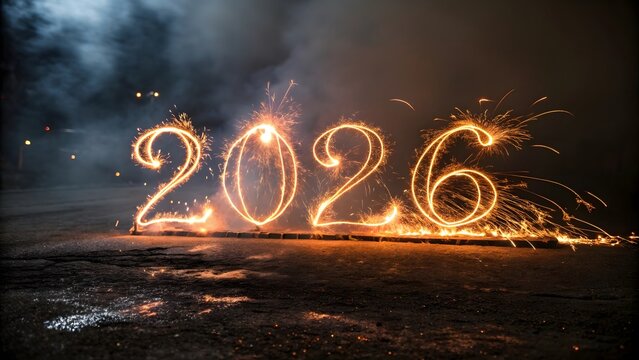 Year 2026 written in bright sparklers on a dark asphalt surface with smoke new year