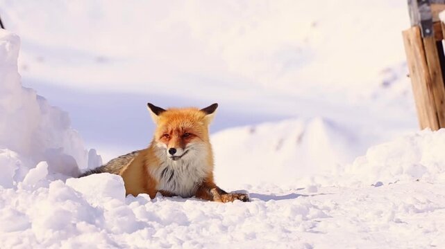 Red fox lying on snow in a winter landscape with snowy hills in the background.