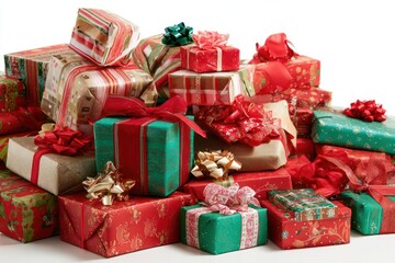 Obraz premium A large pile of beautifully wrapped christmas presents in festive red green and gold paper with ribbons and bows