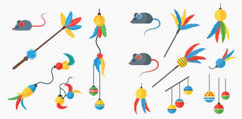 Collection of colorful cat toys including feather wands, toy mice, and hanging balls for pets to play with. © ArtLuna Studio