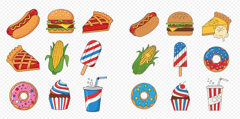 A collection of American-themed fast food, desserts, and drinks, including hot dogs, burgers, pies, corn, popsicles, donuts, cupcakes, and soda.