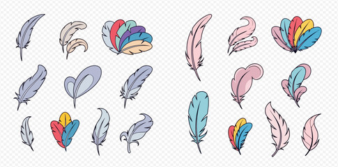 Collection of various colorful hand-drawn feathers in a soft pastel palette, isolated on a transparent background.