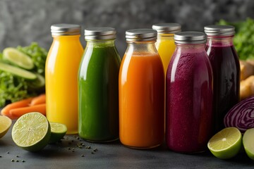 Fresh juice bottles kitchen counter bright overhead light vibrant colors healthy drink assorted fruit vegetable glass container refreshing natural ingredients