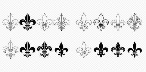 Collection of various Fleur de Lis symbols in black and outline styles, showcasing different ornate and simple designs for heraldry and decoration. © ArtLuna Studio