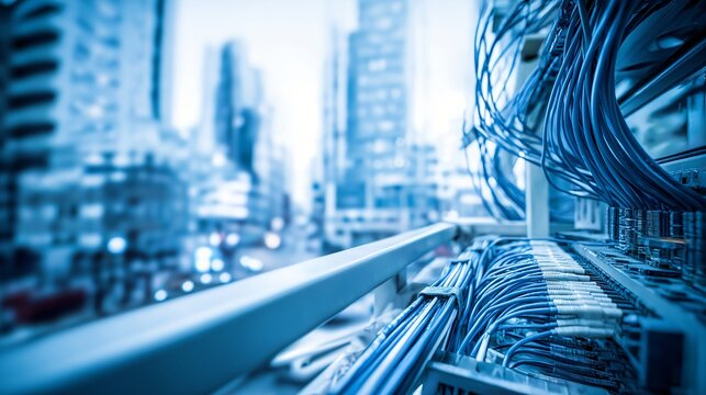 Network cable data center urban environment technology blue communication server connection industry monitoring. Network cable and server rack urban environment blue tone technology