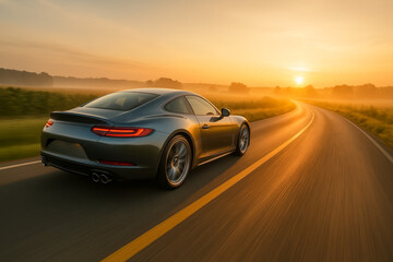 Fototapeta premium Sleek sports car driving on a winding road at sunset