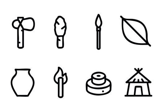 Various simple line drawings depict tools and symbols of craftsmanship, including an axe, a leaf, a pot, and a hut, showcasing the essence of creativity and nature.