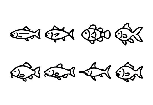 Various fish illustrations depict a range of species, each with distinct shapes and features. These drawings are formatted for educational materials or artistic projects.