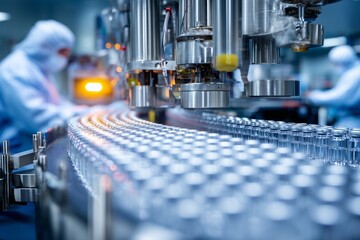 Pharmaceutical Vaccine Production in Modern Laboratory. Automated laboratory innovations in pharmaceutical manufacturing cleanroom biotechnology enhancements. High quality