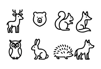 Naklejka premium This collection displays eight distinct line drawings of animals including a deer, bear, squirrel, fox, owl, rabbit, and hedgehog. Each design captures the essence of wildlife.