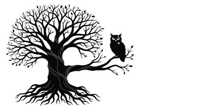 A black silhouette of a wise owl perched on a branch of a large, gnarled tree against a white background.