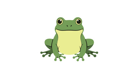 Obraz premium A cute cartoon green frog with a light yellow belly sits facing forward on a white background.