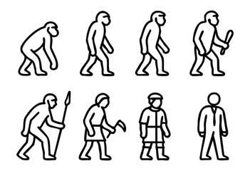 This illustration displays the progression of human evolution, showcasing early hominids, tool users, and the development of modern humans in a series of clear, simple lines.