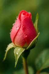 Close-up of pink rosebud with water droplets glistening
