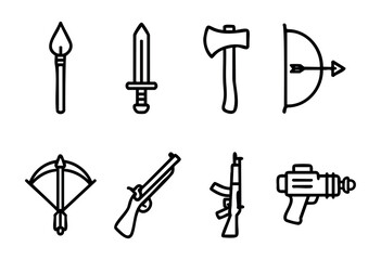 Obraz premium Different types of weapons are shown in a minimalist line art design. The collection includes traditional and modern weapons, highlighting their shapes and characteristics.
