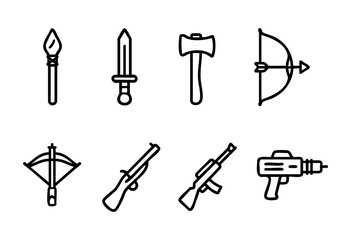 Various weapon icons arranged in a grid include a spear, sword, axe, bow, rifle, machine gun, and a futuristic blaster, illustrating a range of combat styles.
