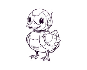 Cute Robot Duck Character with Mechanical Details — Line Art Illustration