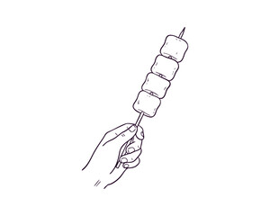Hand Holding a Marshmallow Skewer in a Simple Cute Style — Line Art Illustration