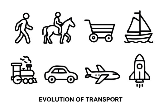 A series of icons illustrates the evolution of transport, featuring a pedestrian, horseback rider, cart, sailboat, train, car, airplane, and rocket symbolizing journey progress.