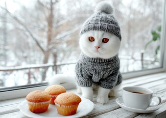 White cat wearing a knitted hat and sweater sits by a window.