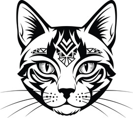 Stylized Cat Head Portrait Vector Illustration with Detailed Tribal Geometric Patterns for Tattoo, Logo, and Mascot Design.